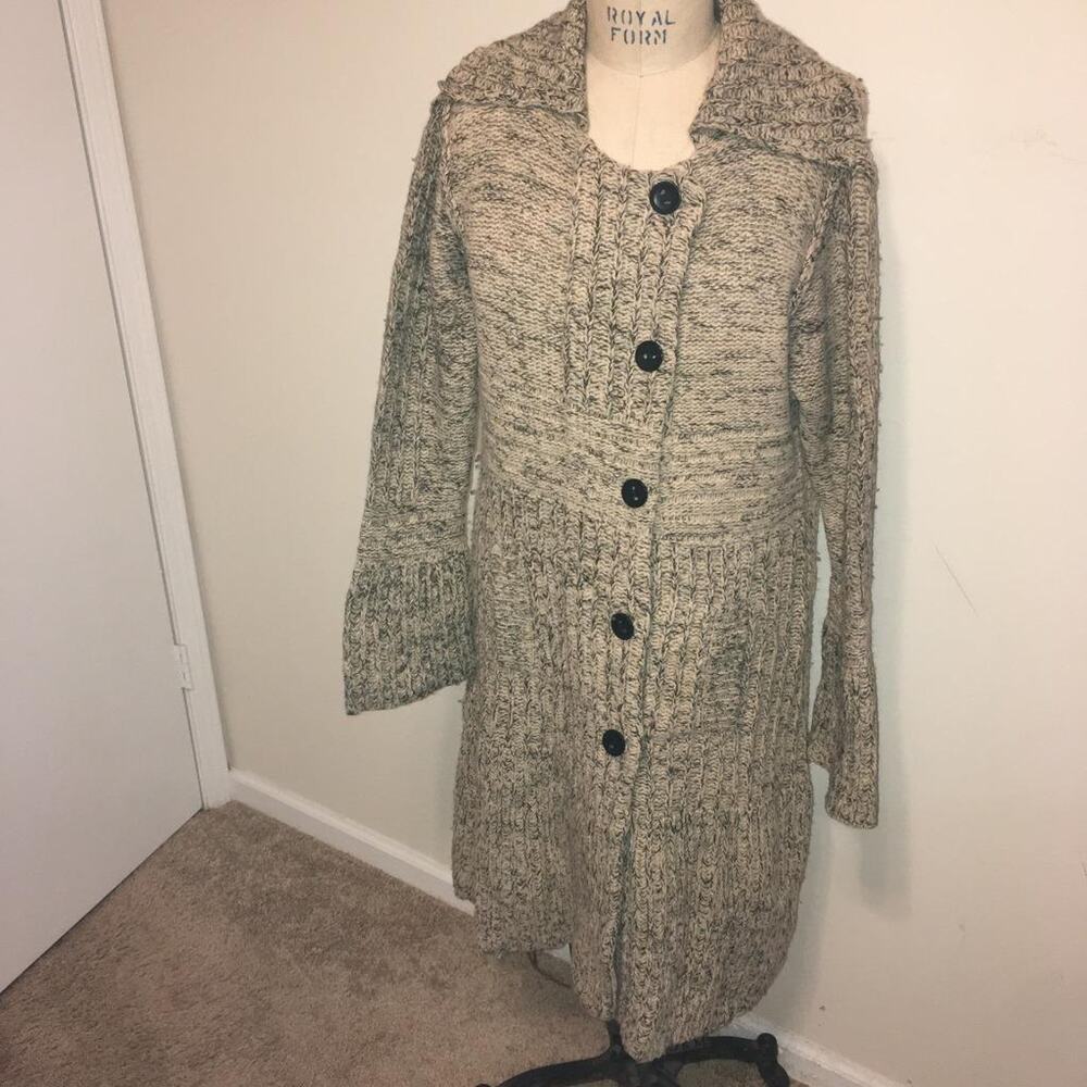 Guinevere Beige & Gray Wool & Cashmere Long Button Front Sweater L